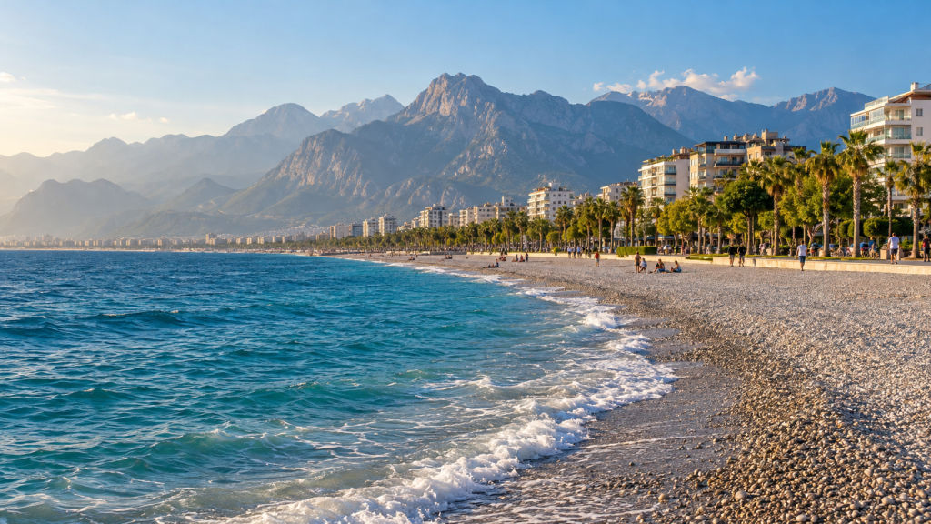 Konyaalti Beach in Antalya with the Beydaglari mountains behind